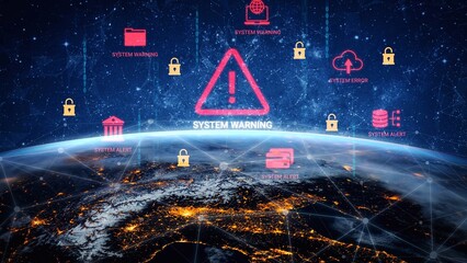 Global Digital Network System Warning Concept with Alerts and Data Icons Over Earth at Night Gluon.