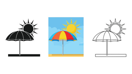 Collection of sun umbrella icons and illustrations showing beach shade protection styles