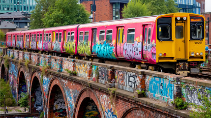 A colorful train traveling over a bridge with graffiti on the walls
