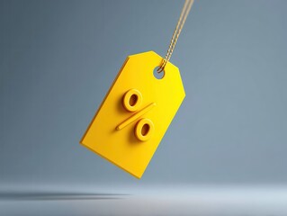 bright yellow price tag with a percentage sign floating in midair on a clear background