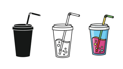 Collection of three stylized beverage cups with straws showing icon line art and color illustration