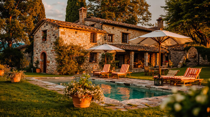 A luxurious villa with a pool and outdoor seating set against a backdrop of trees and a stone building