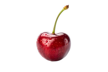 Fresh and vibrant single red cherry with a green stem, glistening water droplets, isolated on white background, conveying natural sweetness and healthy eating