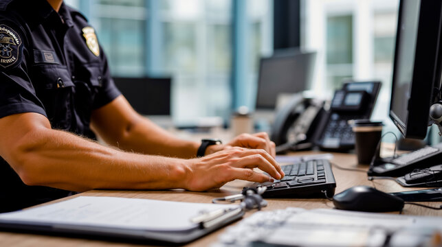 A police officer working at a desk with a computer keyboard and telephone