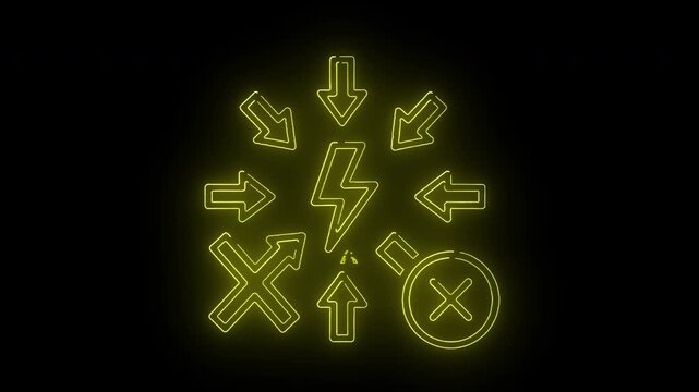 Neon green icons of arrows and symbols on a black background with a glowing effect.