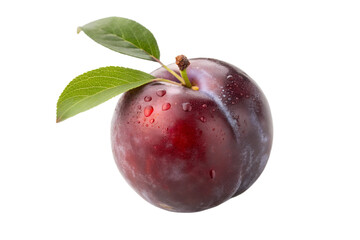 Obraz premium A single, ripe, dark red plum with a few green leaves and water droplets, isolated on a white background, showcasing its fresh texture and vibrant color