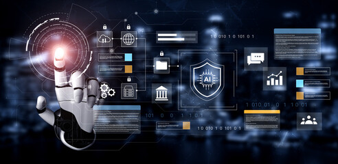 A robotic hand interacts with a digital interface showcasing various artificial intelligence elements and security features in a high-tech environment. Gantry