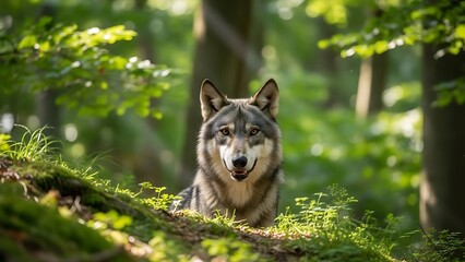 Obraz premium Gray Wolf in Forest Undergrowth.