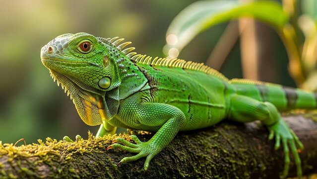 Green Iguana Reptile on Branch Closeup.