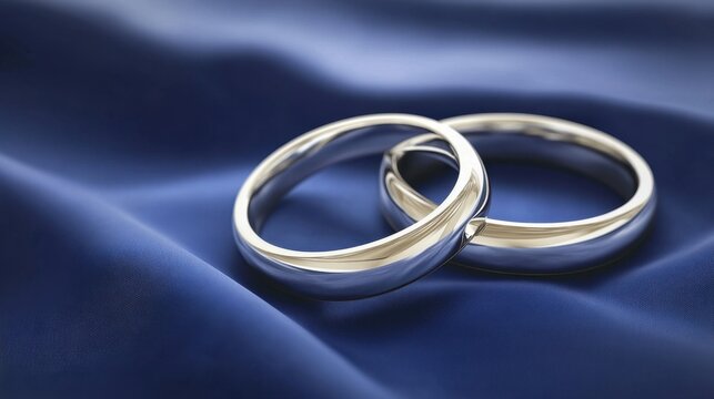 Two gleaming polished chrome interlocking rings symbolizing unity and love sit on a rich blue fabric surface