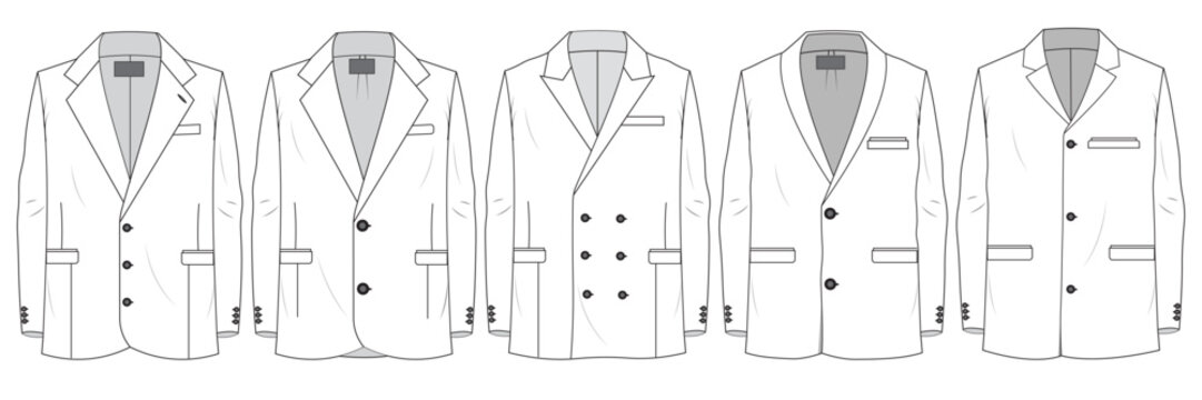 man's vector blazer set. formal blazer jacket set technical flat sketch mockup template illustration for clothing design.