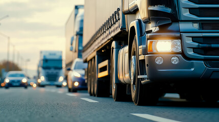 A photograph of a busy highway at dusk with a focus on the front of a large truck with its headlights on leading a line of vehicles
