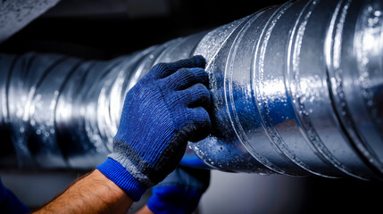 A hand wearing a blue glove is holding onto a metal pipe