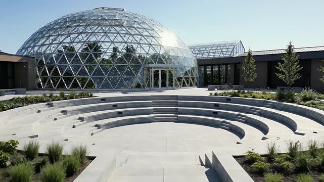 A modern building featuring a large glass geodesic dome and an outdoor stone amphitheater on a sunny day.