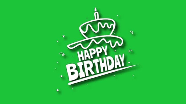 Animated Happy Birthday text with cake and candle, festive celebration design on green screen background for greeting videos