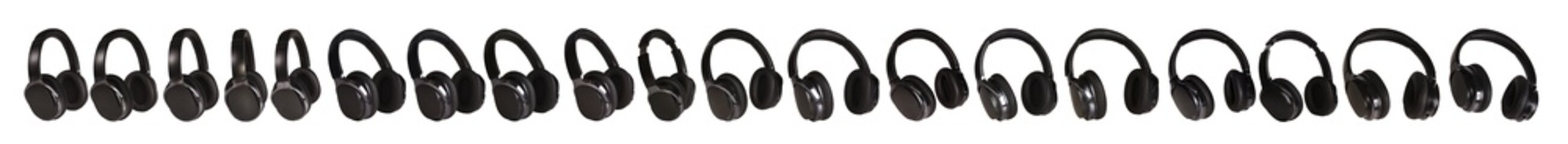 A set of black wireless headphones from different angles on a white isolated background