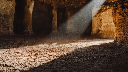 Dust particles suspended in a sunbeam piercing the interior of a dry ancient structure