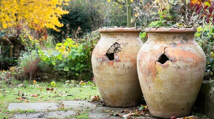 Two large cracked unglazed ceramic pots with broken sections stand in a garden setting with autumn foliage