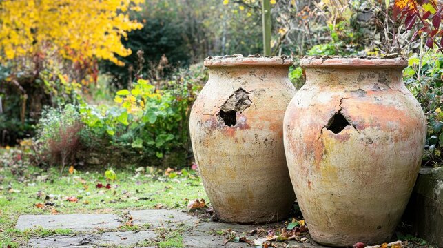 Two large cracked unglazed ceramic pots with broken sections stand in a garden setting with autumn foliage