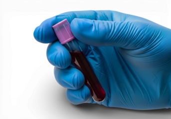 Gloved hand holding blood sample in test tube for medical testing isolated on transparent background.