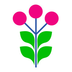 Flower made of plasticine on a white background. Stylized flower illustration with pink berries and green leaves against black backdrop. Retro Style Peach Flower vector Illustration