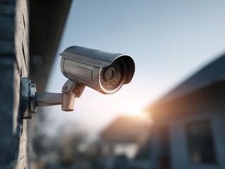 a security camera with a weatherproof casing installed in a residential setting showcasing a modern home safety setup with advanced surveillance gear to safeguard the premises