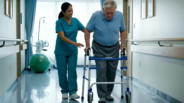 Nurse assists senior patient walking with walker in hospital corridor. Elderly man uses walker while nurse helps. Patient walks in rehabilitation with nurse support. Senior with walker in hospital.
