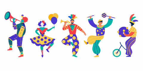 Obraz premium Colorful circus performers playing instruments and juggling with vibrant costumes