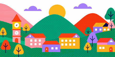Fototapeta premium a colorful cartoon village with buildings and trees on green hills