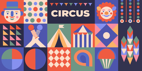 A vibrant circus themed geometric pattern with colorful shapes and playful characters