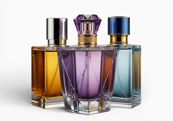 Three elegant perfume bottles with colorful liquids, isolated on transparent background