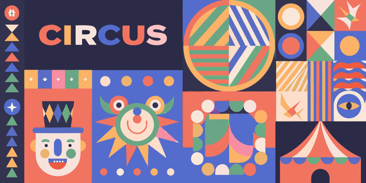 A vibrant circus poster with geometric shapes and playful illustrated characters
