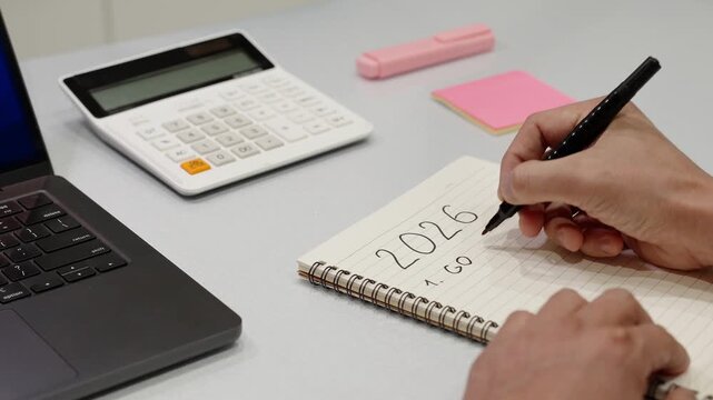 Close-up of unrecognized inspired man makes financial goals and writing 2026 plans in notebook. Budgeting, strategy, productivity, business planning and future success concept.