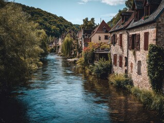 Fototapeta premium exploring a charming european village along a picturesque river on a sunny day showcasing beautiful natural landscapes and peaceful waters