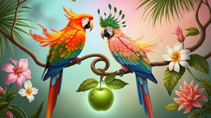 Obraz premium Two colorful parrots perched on a branch with flowers and an apple