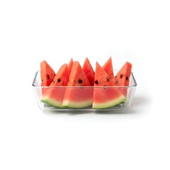slice of watermelon in a clear bowl on white background