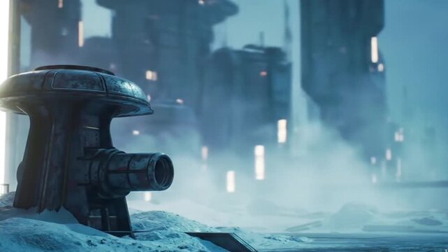 A futuristic scifi scene with a large gun on a snowy hill with a building in the background and smoke in the air