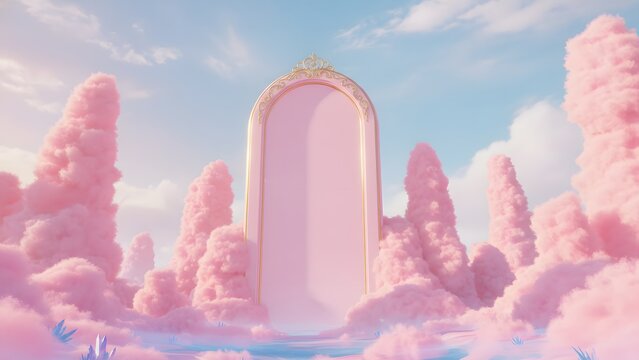 A surreal pink archway stands amidst fluffy clouds and trees