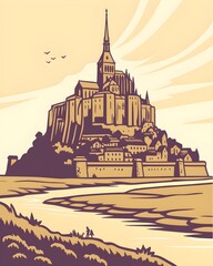 Naklejka premium Mont Saint-Michel Sunrise – Sacred Spiritual Coastal Landscape
