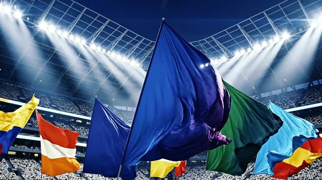 International Flags Waving in Brightly Lit Sports Stadium