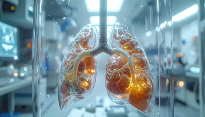 Obraz premium Futuristic Medical Visualization of Human Lungs Inside a Glass Containment Chamber with Glowing Internal Structures in a High-Tech Laboratory Setting