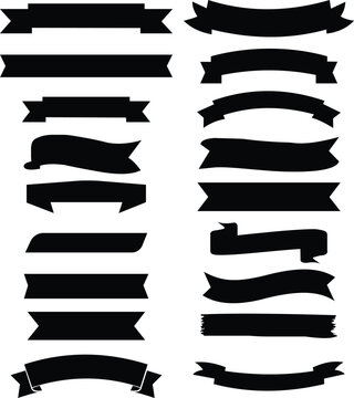 Ribbon banner icon set with flat style labels, decorative award ribbons and badge banners in black color, graphic element vector illustration collection group