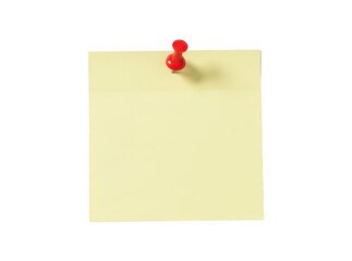 Yellow sticky note with red push pin on transparent background for reminders
