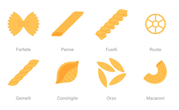 Italian pasta shapes set with farfalle, penne, fusilli, ruote, gemelli, conchiglie, orzo and macaroni. Assorted dry pasta for cooking and food design. Vector illustration, isolated.