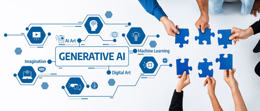 This image showcases a dynamic collaboration with hands assembling blue puzzle pieces, emphasizing the interplay of generative AI, digital art, and machine learning concepts. Amity