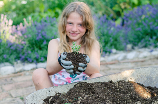 girl in garden with plant in hands preparing soil for spring planting