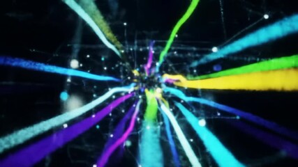 A slow virtual tracking video through an immense abstract digital datasphere, fragmented textures resolving into vibrant luminous data streams, evolving geometric patterns in electric cyan, yellow, - Powered by Adobe