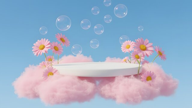 A whimsical scene with pink flowers and bubbles on a cloud