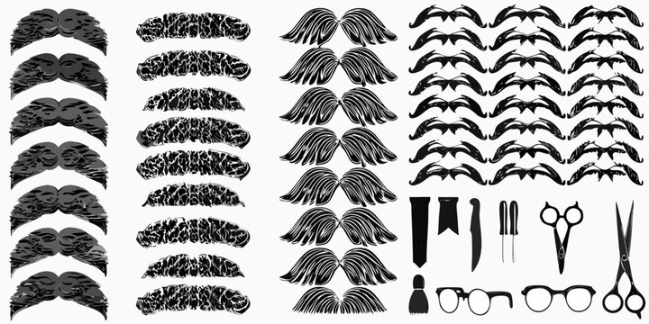 A collection of various black and white mustache and barber tool illustrations