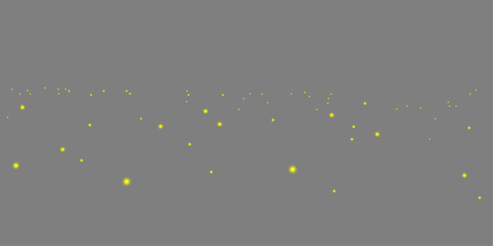 Glowing yellow fireflies moving light overlay for dark night field magical atmosphere effect isolated on transparent background PNG
